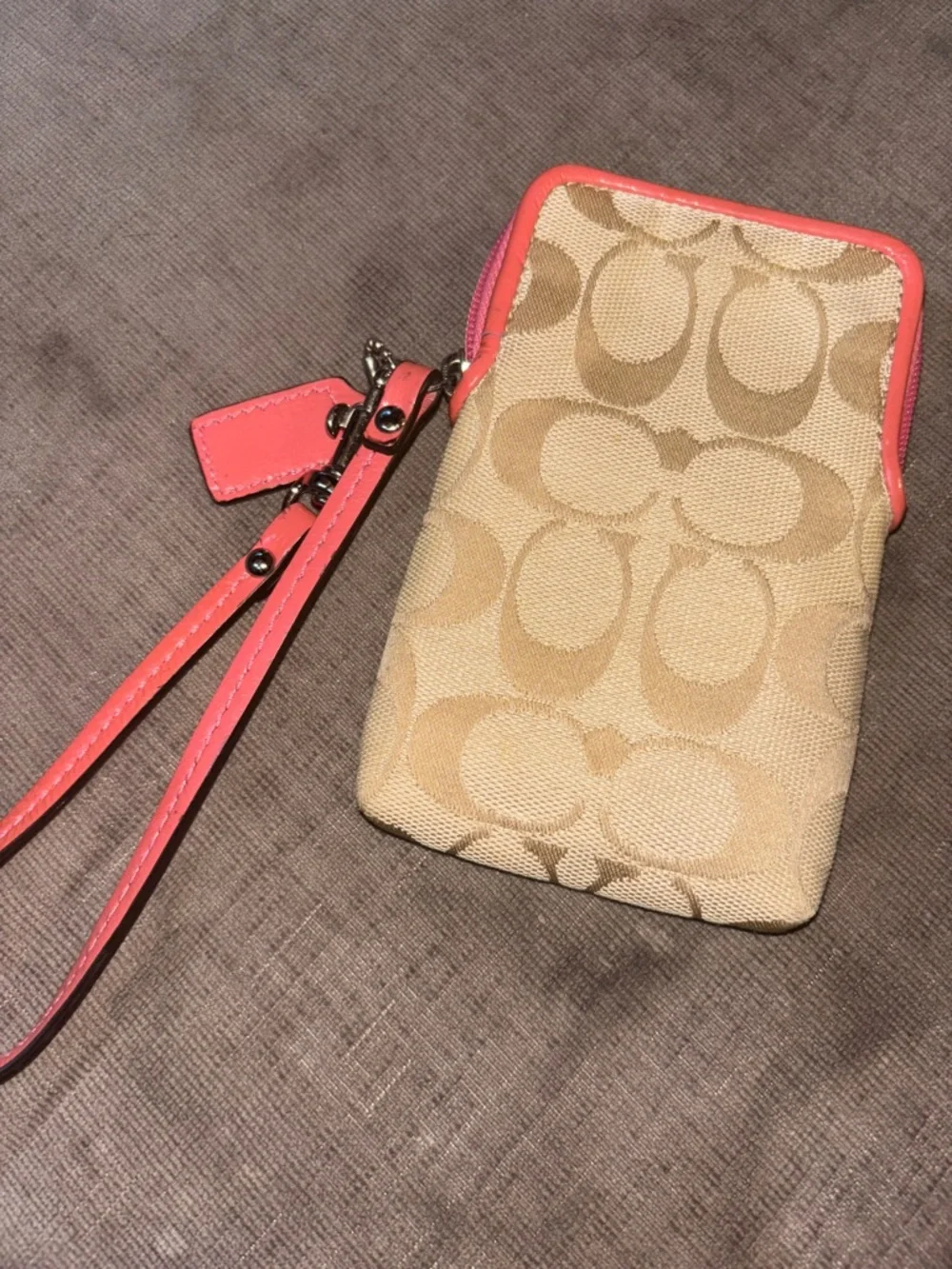 Coach Beige Signature Canvas Wristlet with Coral Trim